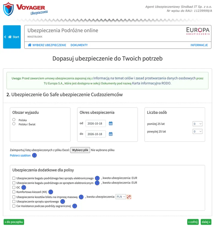 Screenshot of step 3 in the Polish purchase system: Enter the area, dates and number of people (screen “2. Ubezpieczenie Go Safe ubezpieczenie Cudzoziemców”)