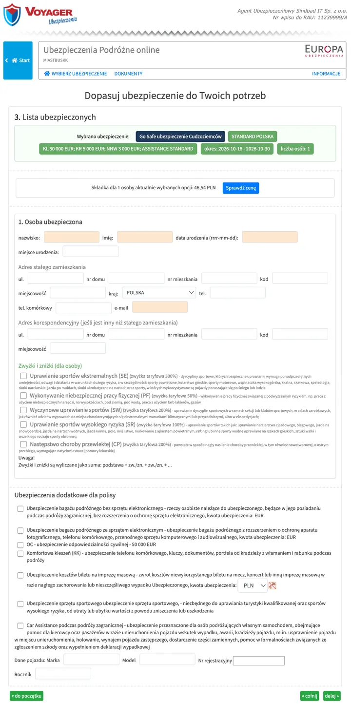Screenshot of step 5 in the Polish purchase system: Enter the insured person (screen “3. Lista ubezpieczonych”)