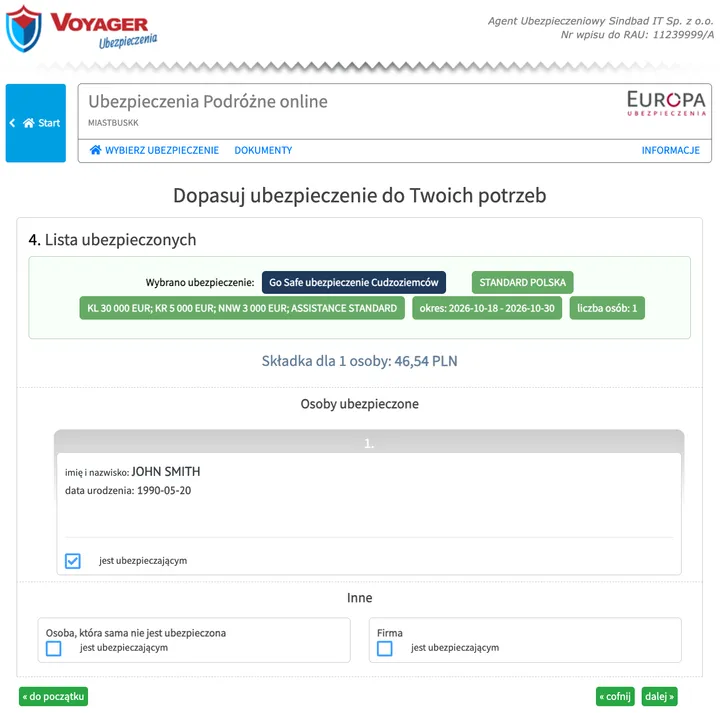 Screenshot of step 6 in the Polish purchase system: Indicate who buys the policy (screen “4. Lista ubezpieczonych”)