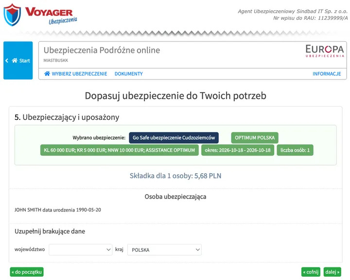 Screenshot of step 7 in the Polish purchase system: Fill in the missing details (screen “5. Ubezpieczający i uposażony”)